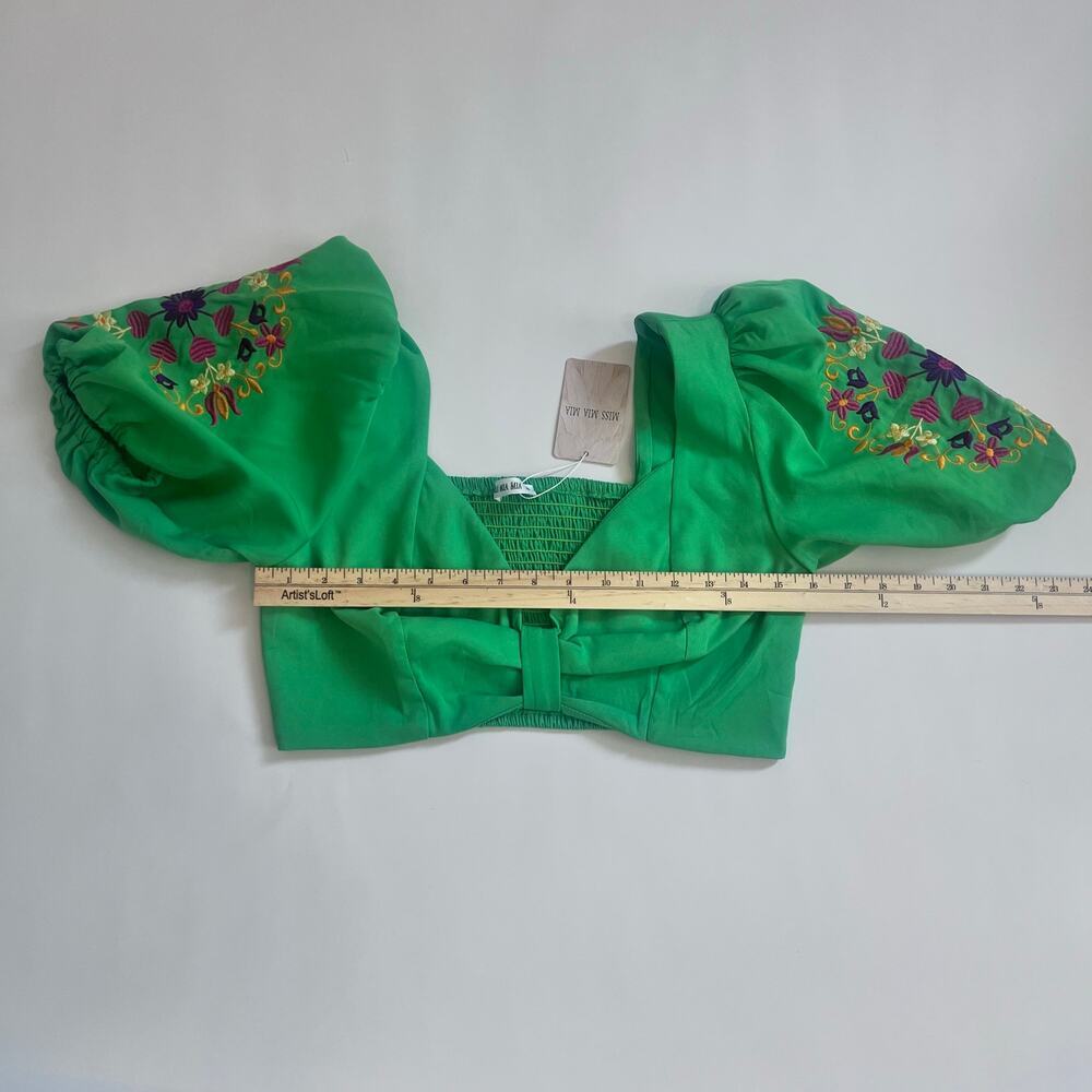 MISS MIA MIA NWT CROP TOP PUFF FLORAL EMBRIODERED SLEEVES BRIGHT GREEN SIZE M - Picture 8 of 11